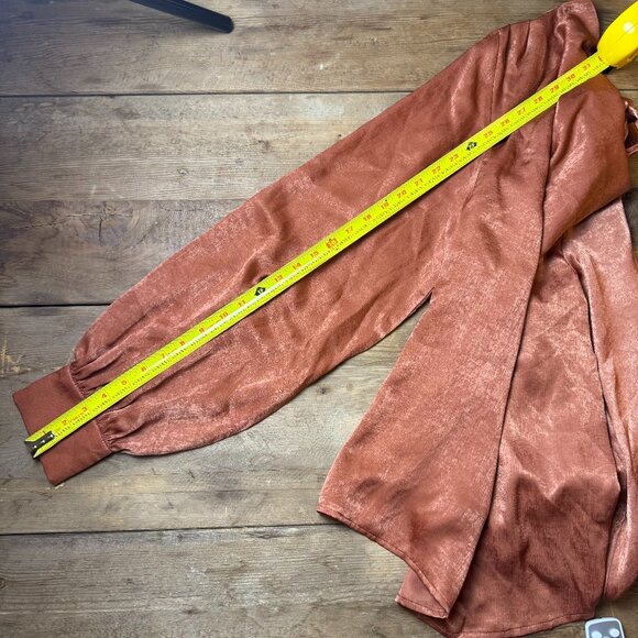 Aura | Size L | Silky Terracotta Cowl Blouse with Bow Neck and Jewel Buttons - Picture 9 of 11